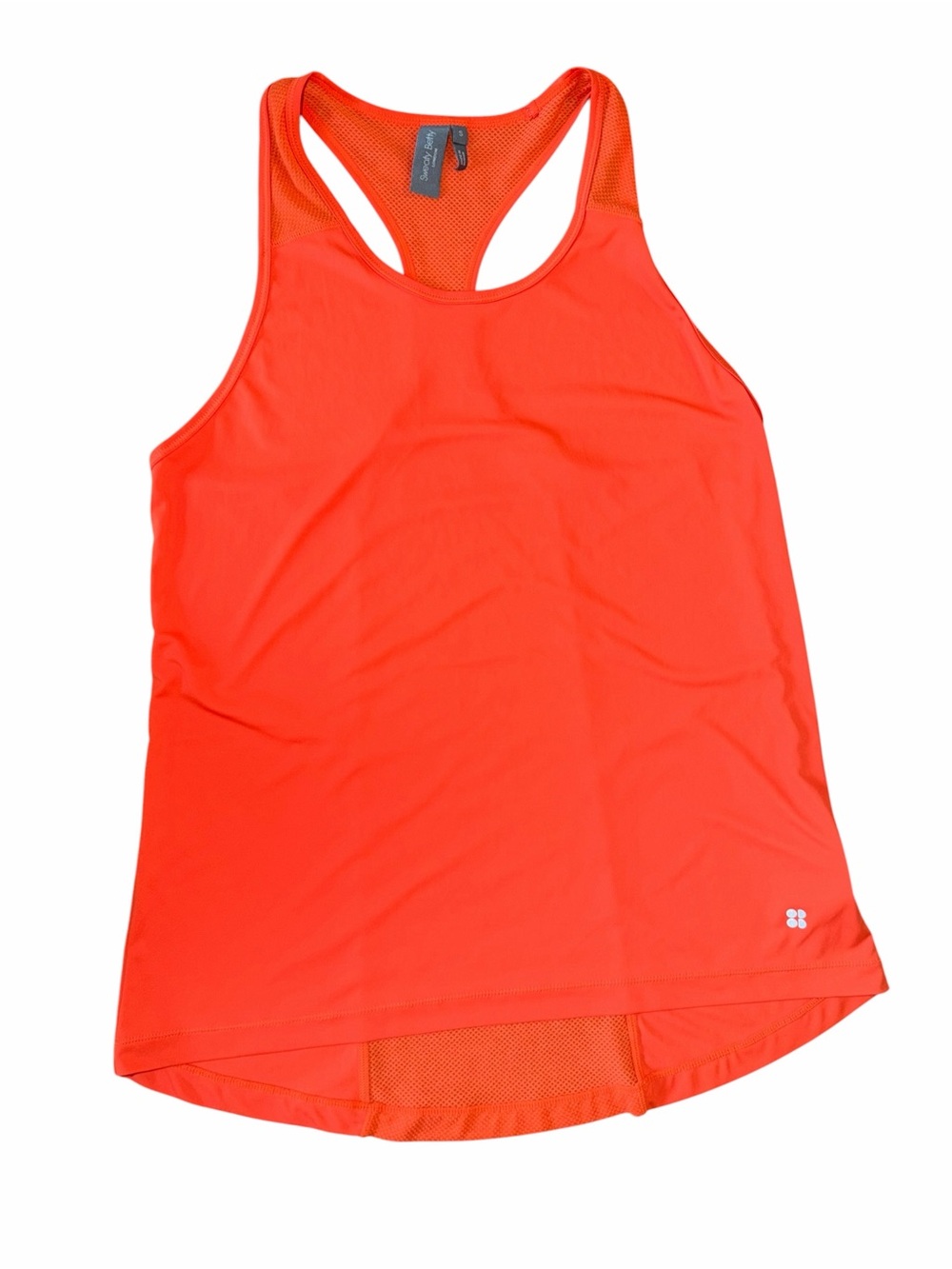 Sweaty Betty London orange racerback tank with mesh panel in back, Size Small